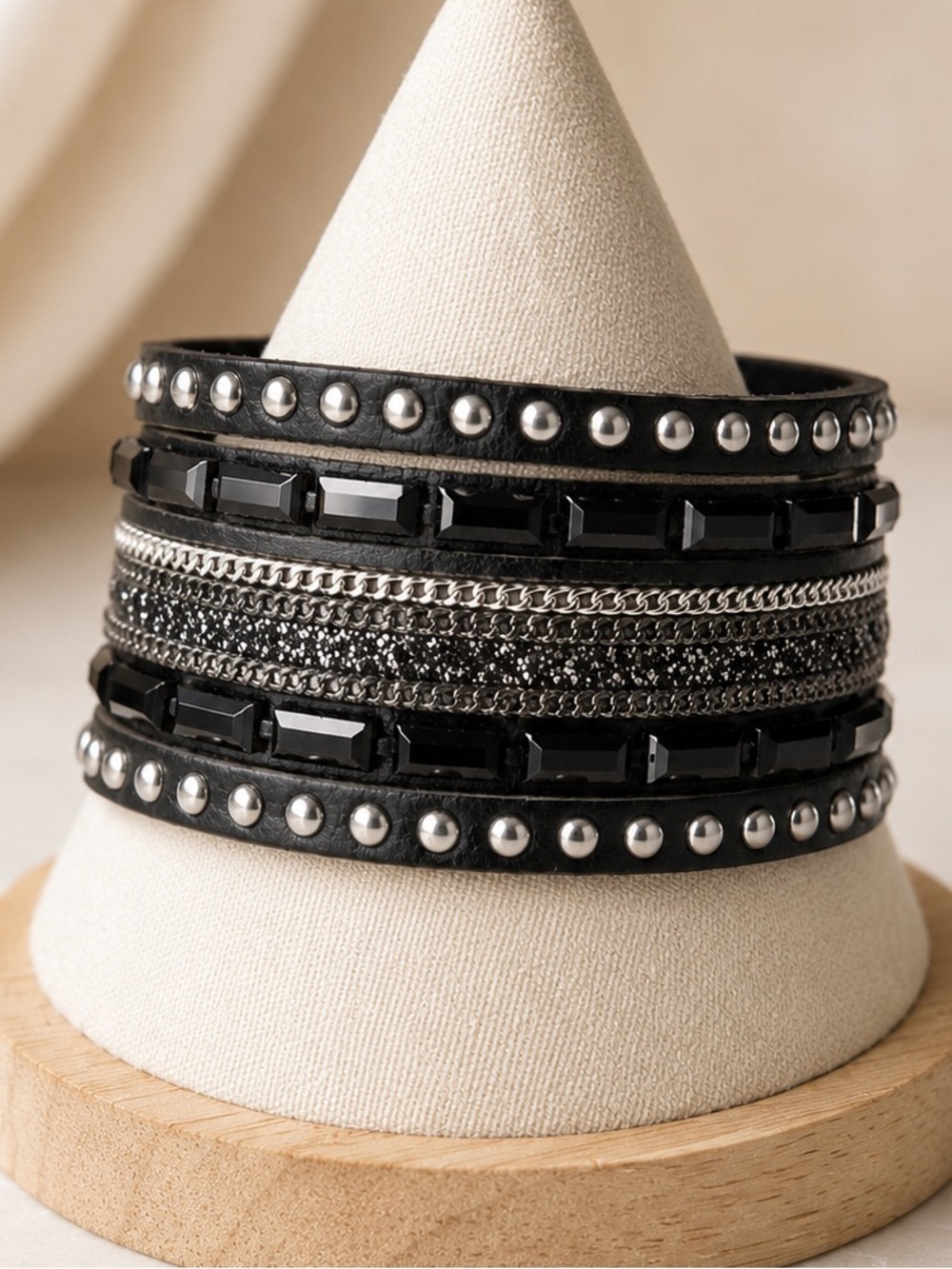 Glam Rock Black Crystal Studded Multi Strand Cuff Moto Bracelet w/ Silver Chain